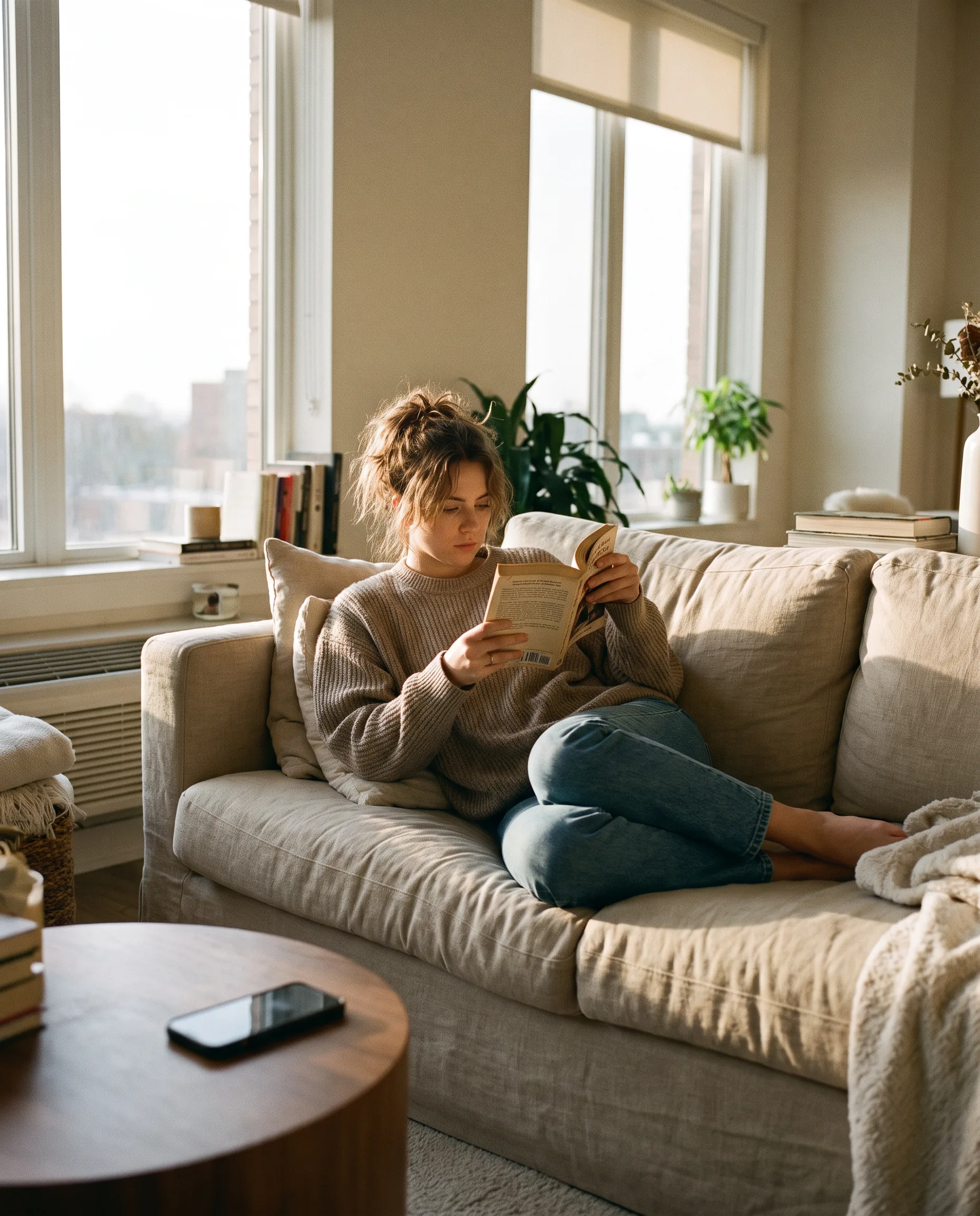 A woman reading on the sofa with her phone face down on the table